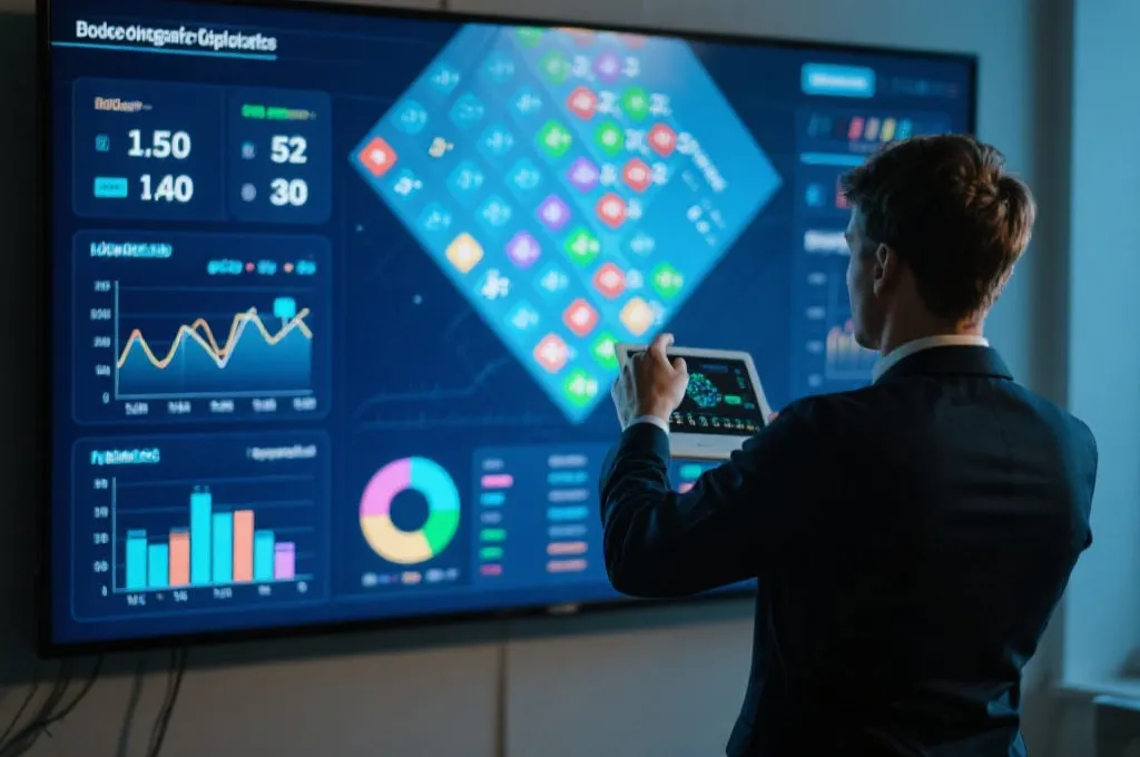 数据分析师在大屏幕前分析大乐透历史数据，数字与图表交织