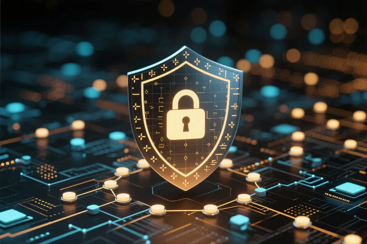 数据加密与隐私保护的抽象图示，盾牌与锁的视觉符号